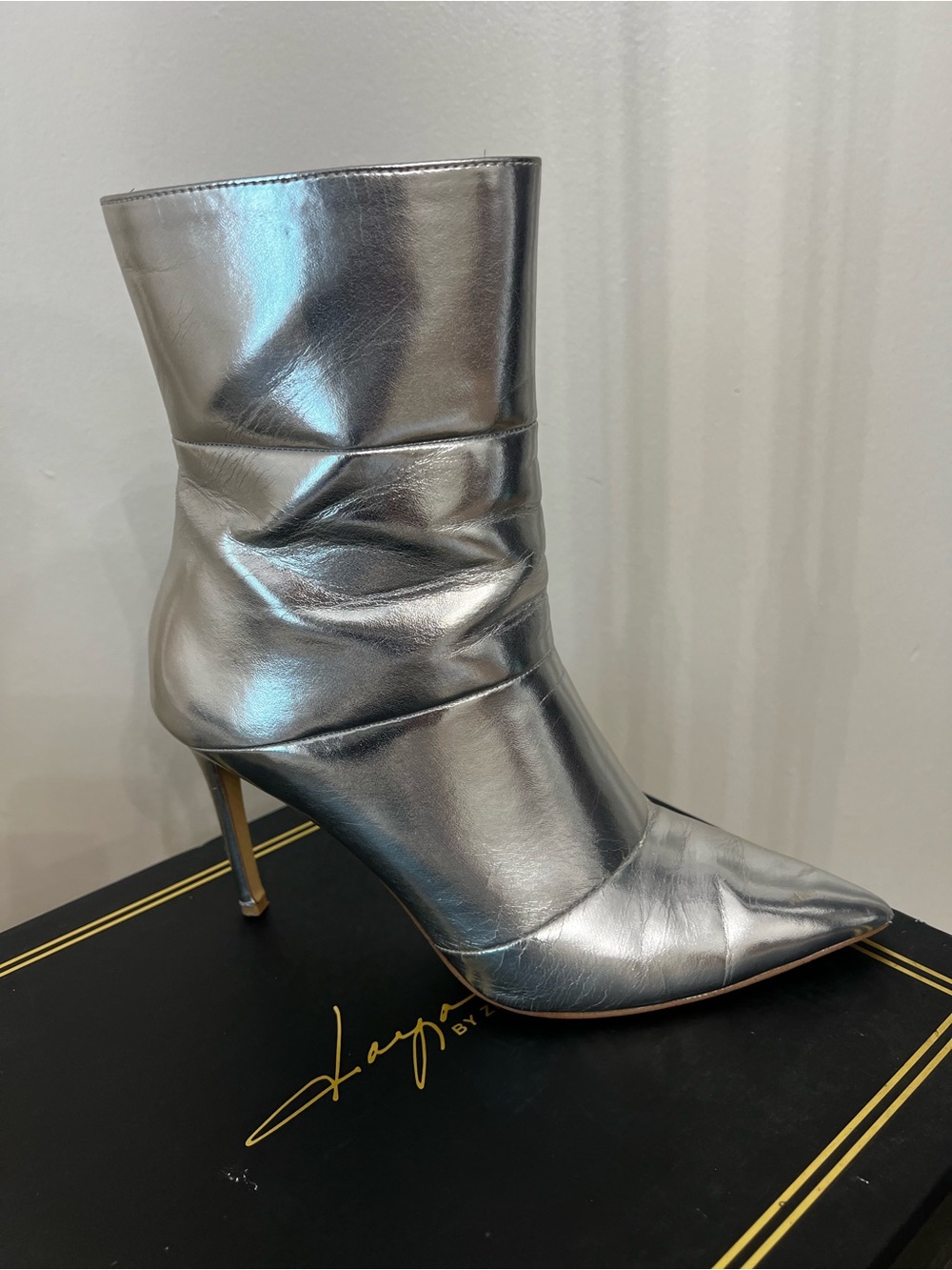 Metallic Silver Pointed-Toe Stiletto Ankle Boots